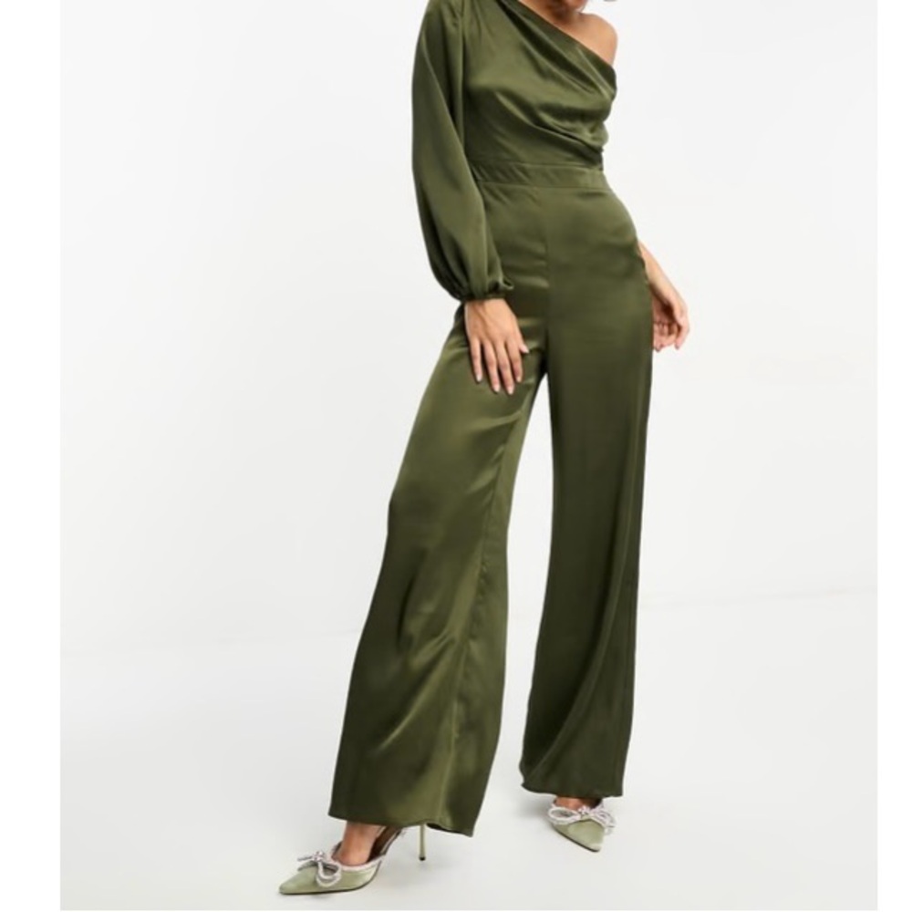 TFNC sage/olive one-shoulder jumpsuit – perfect for any winter or holiday dinner